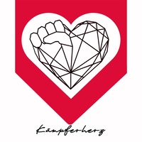 Logo der Kämpferherzen: Geometrisches Herz mit Faust auf einem roten Banner